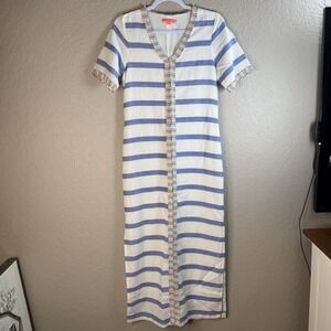 Vilagallo Linen Madison Maxi Dress Capri Blue White Stripe Size 36 Small 4